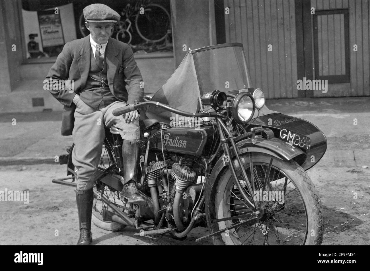 Man with Indian motorcycle and sidecar, Westland, New Zealand; early 1900s Stock Photo