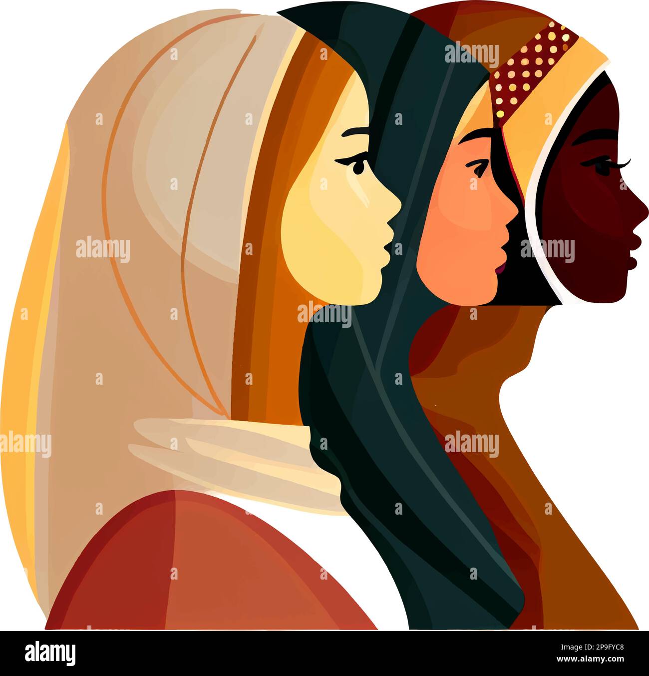 vector illustration of multicultured women in hijab at white isolate ...