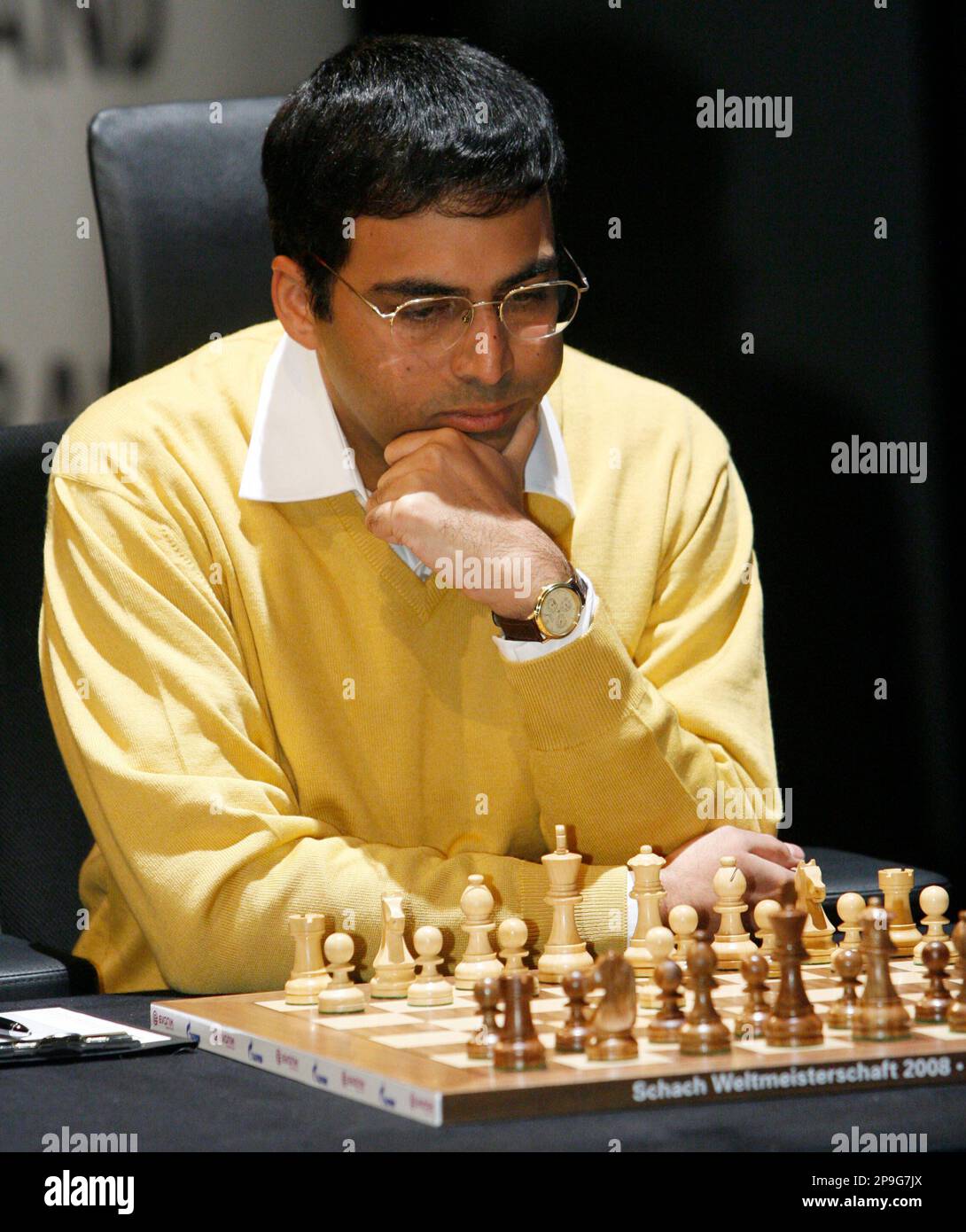 World champion Viswanathan Anand from India contemplates his next move  during the 11th game of the Chess World Championship against Russia's  Vladimir Kramnik in the Art and Exhibition Hall of the Federal