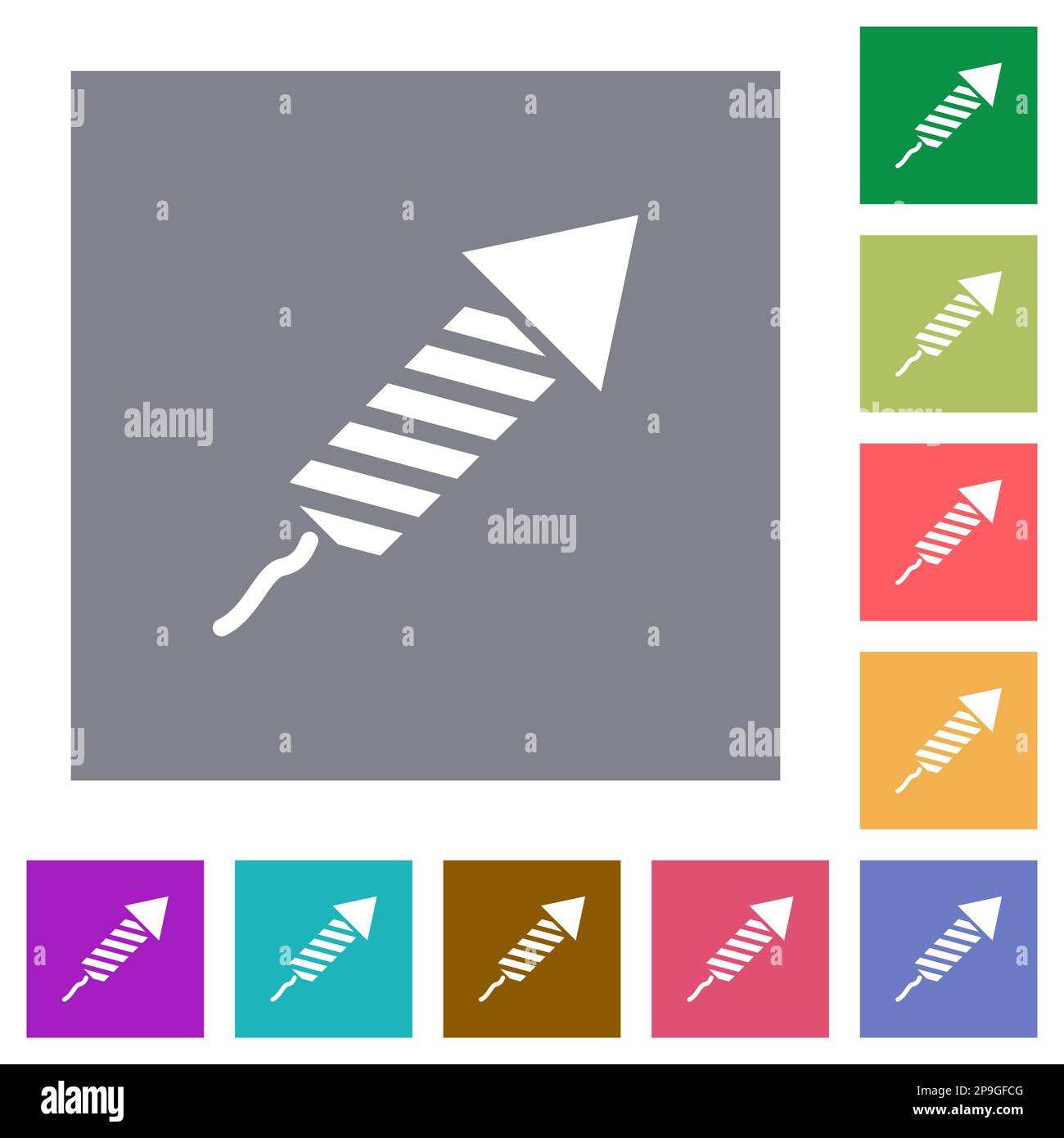 Firework rocket flat icons on simple color square backgrounds Stock Vector