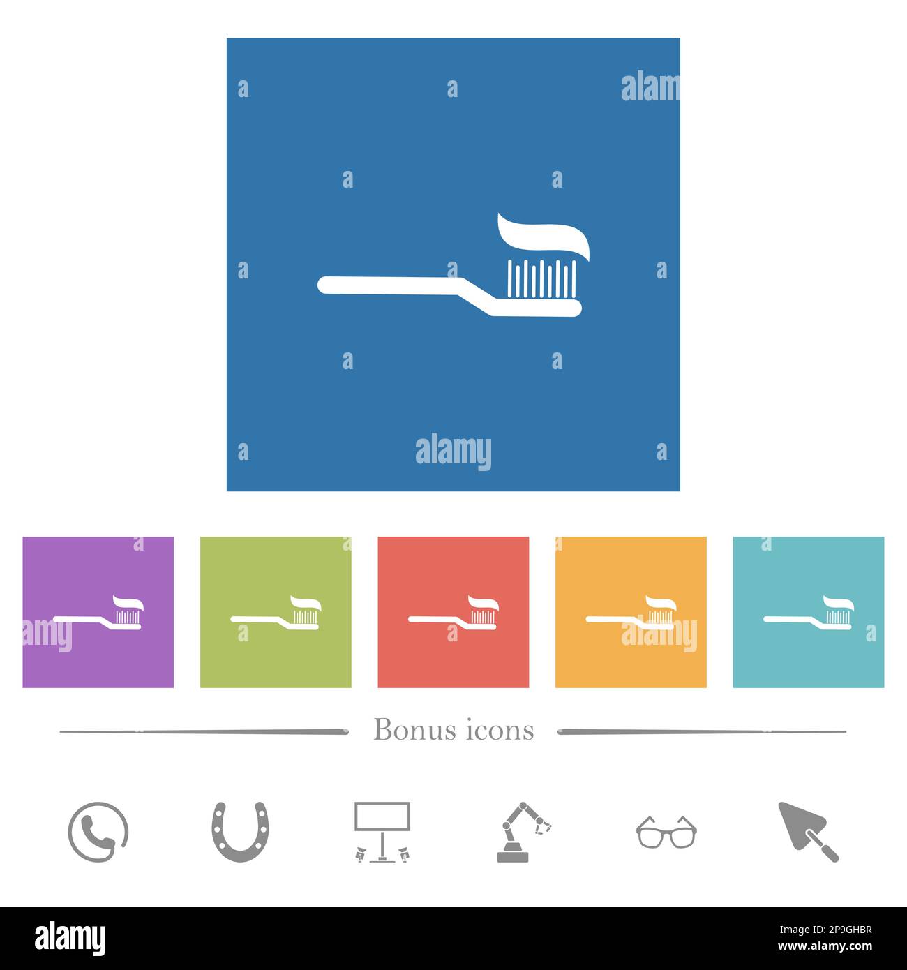 Toothbrush with toothpaste flat white icons in square backgrounds. 6 ...