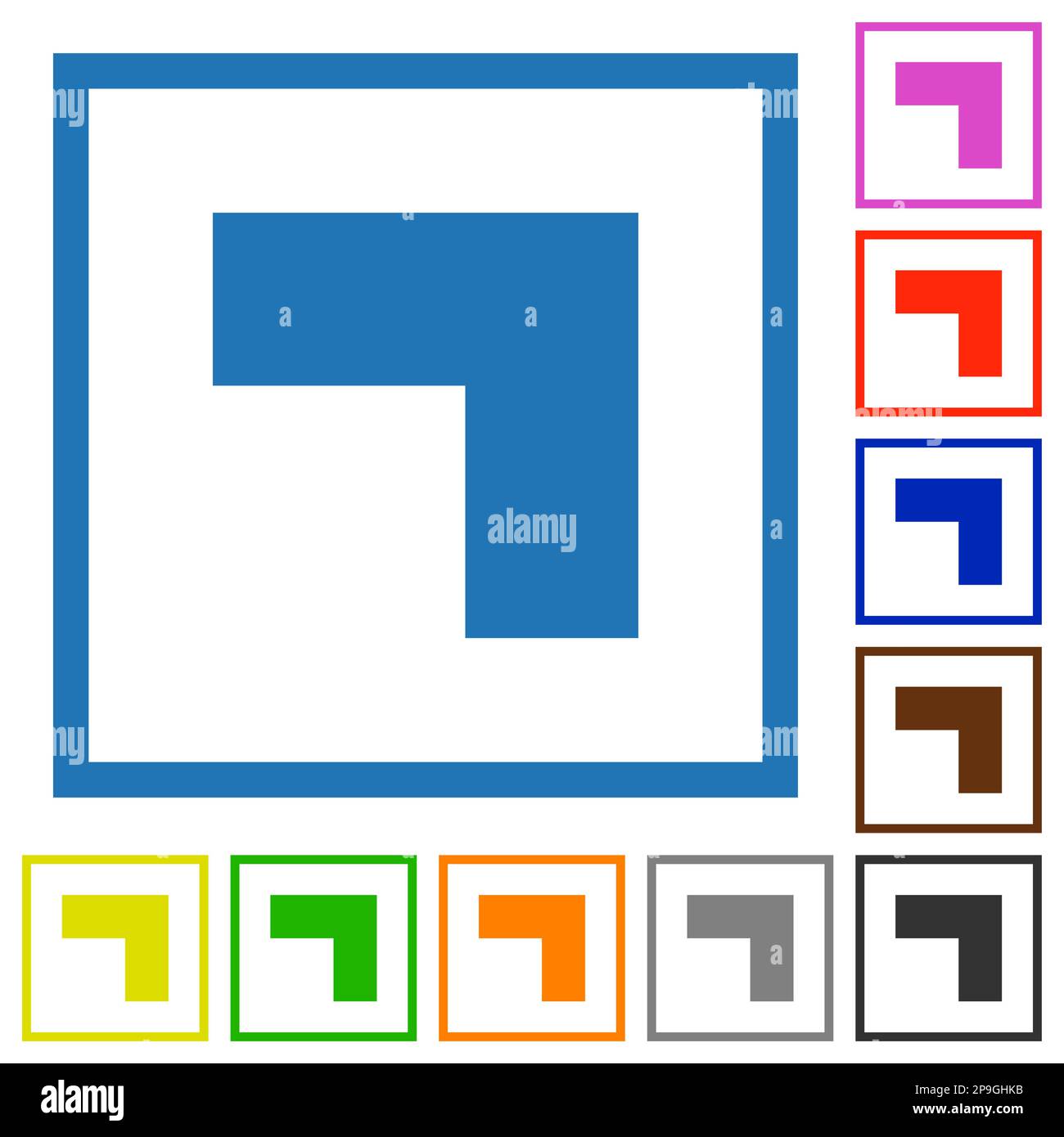 Top right 90 degrees angle arrow solid flat color icons in square frames on white background Stock Vector