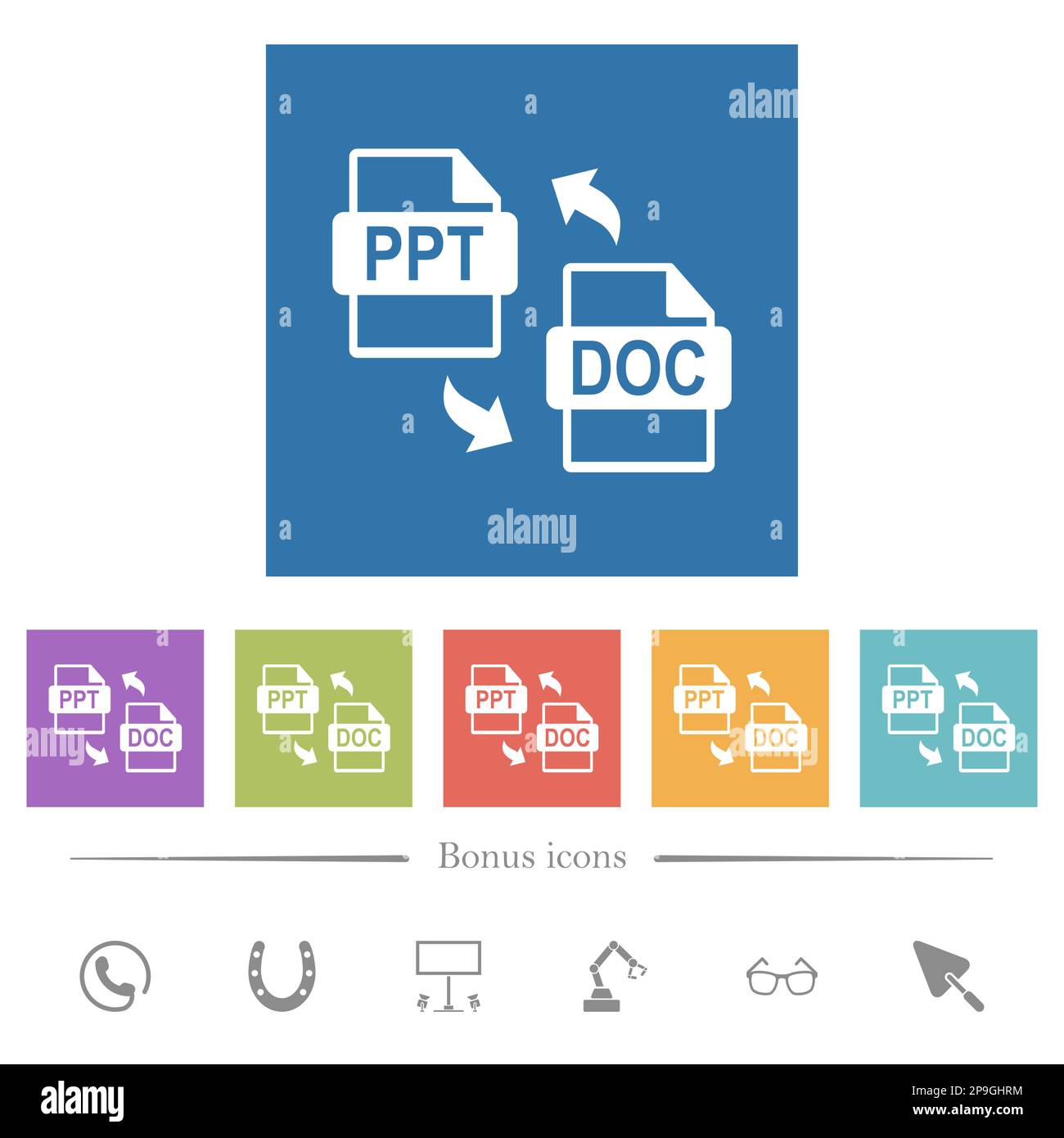 PPT DOC file conversion flat white icons in square backgrounds. 6 bonus ...