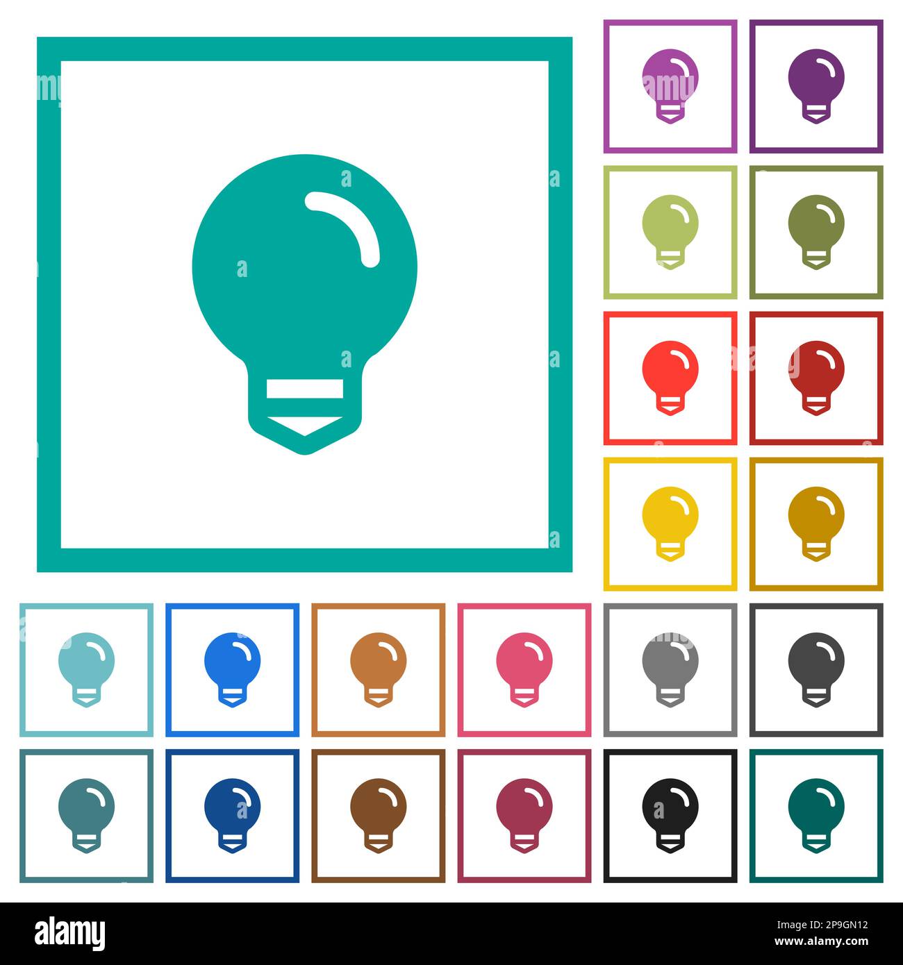 Light bulb solid flat color icons with quadrant frames on white background Stock Vector