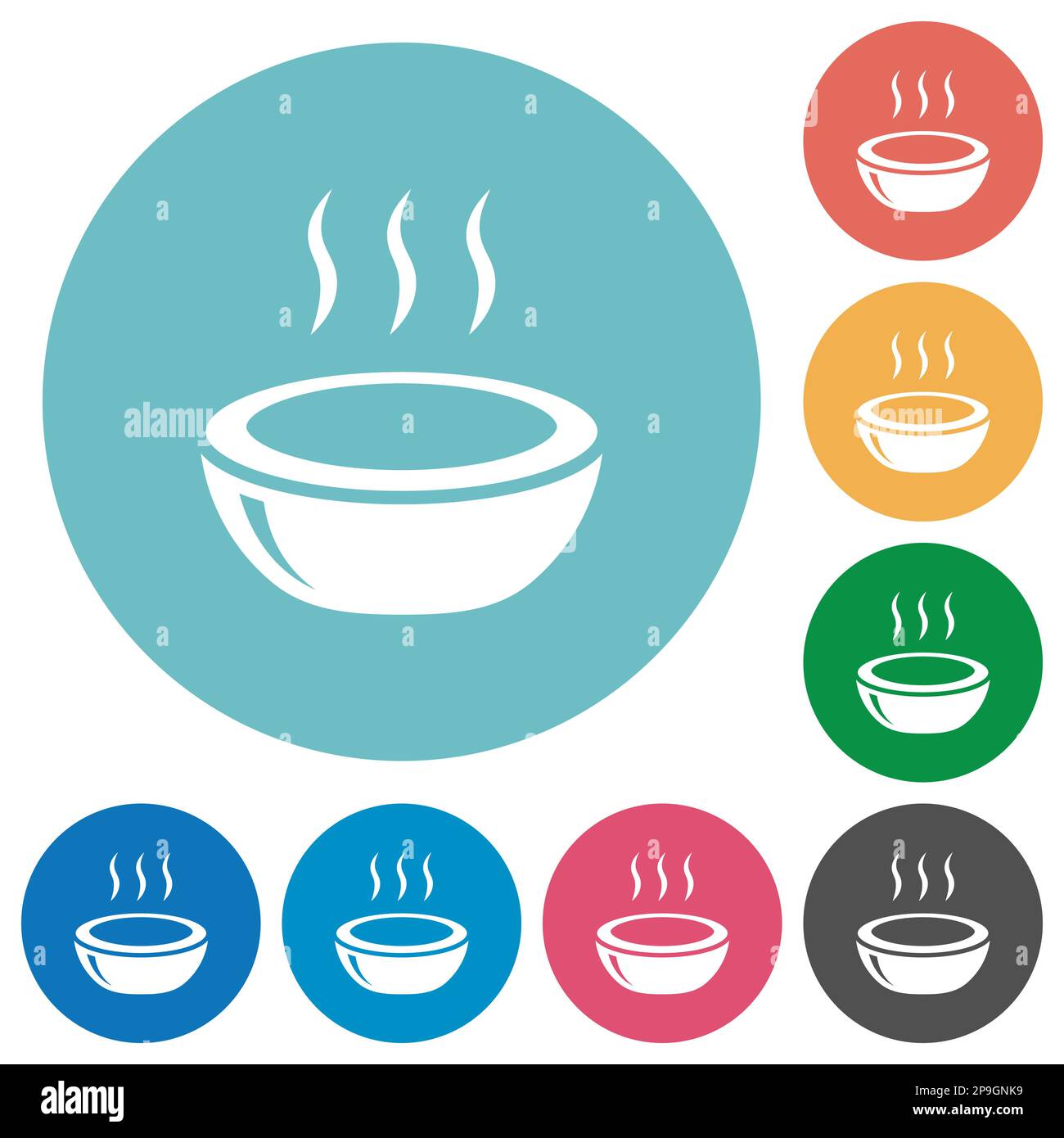 Glossy steaming bowl flat white icons on round color backgrounds Stock Vector