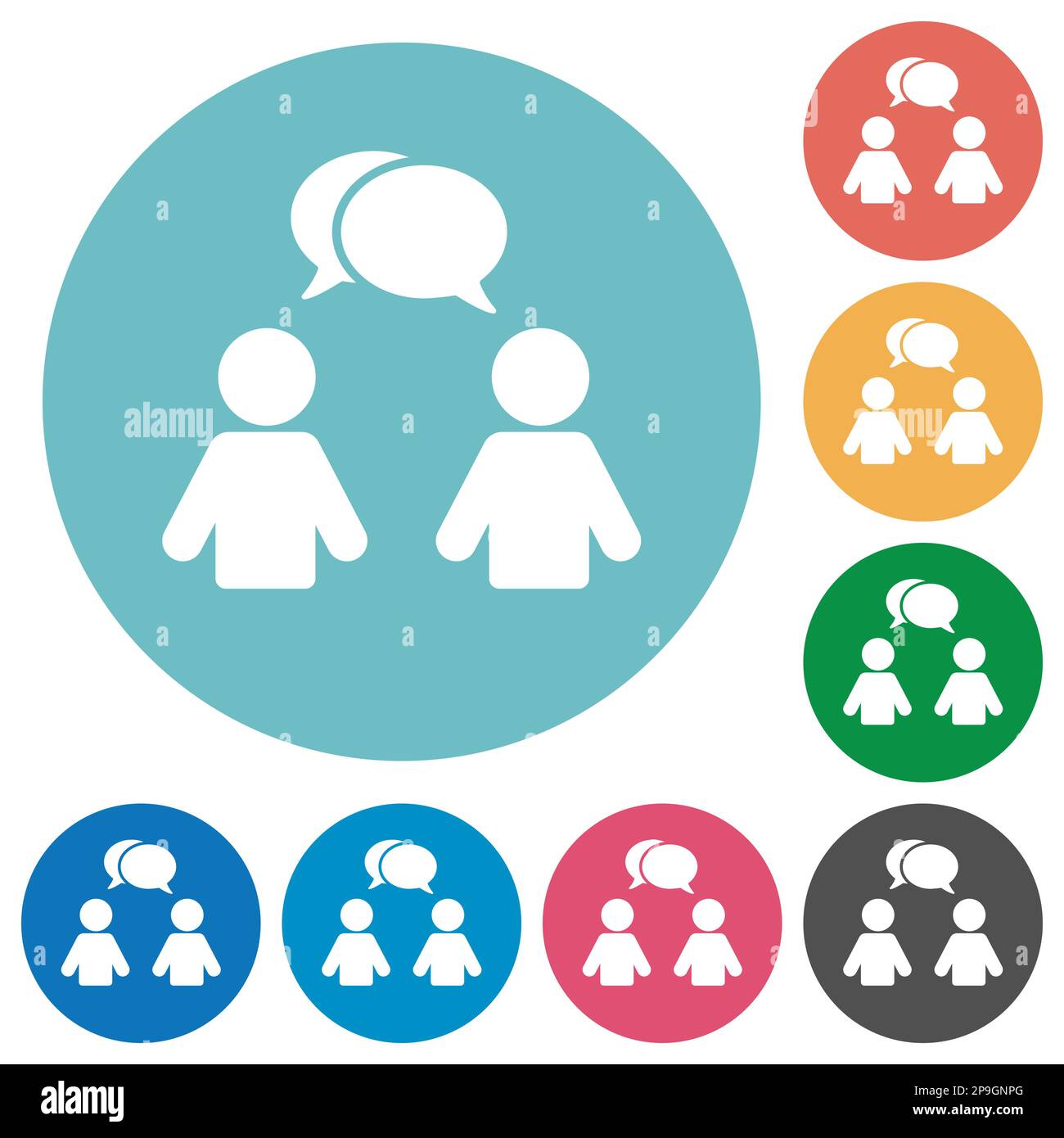 Two talking persons with oval bubbles solid flat white icons on round color backgrounds Stock Vector
