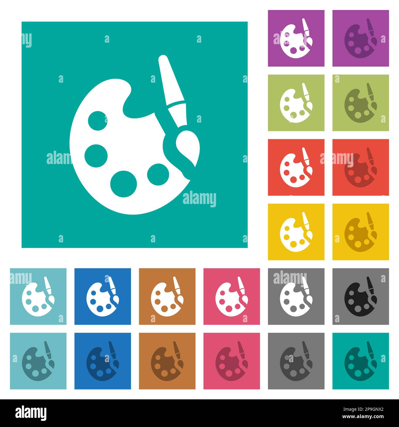 Paint kit solid multi colored flat icons on plain square backgrounds. Included white and darker icon variations for hover or active effects. Stock Vector