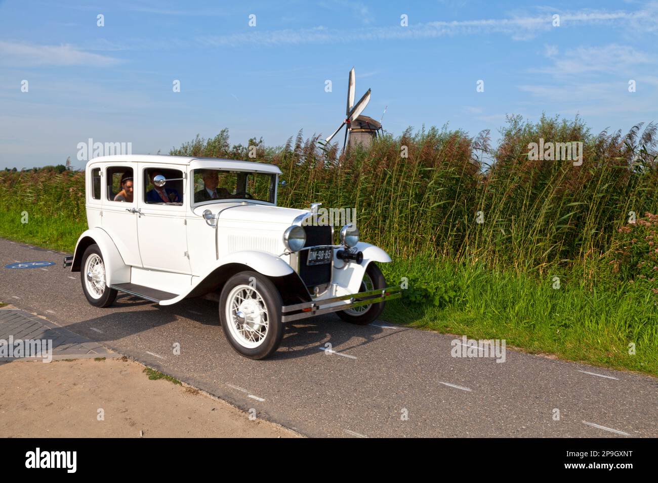 Kinderdijk, Netherlands - August 26 2017: Newly wed couple driven in an old 1929 white Ford Model A Town Sedan with a windmill behind. Stock Photo