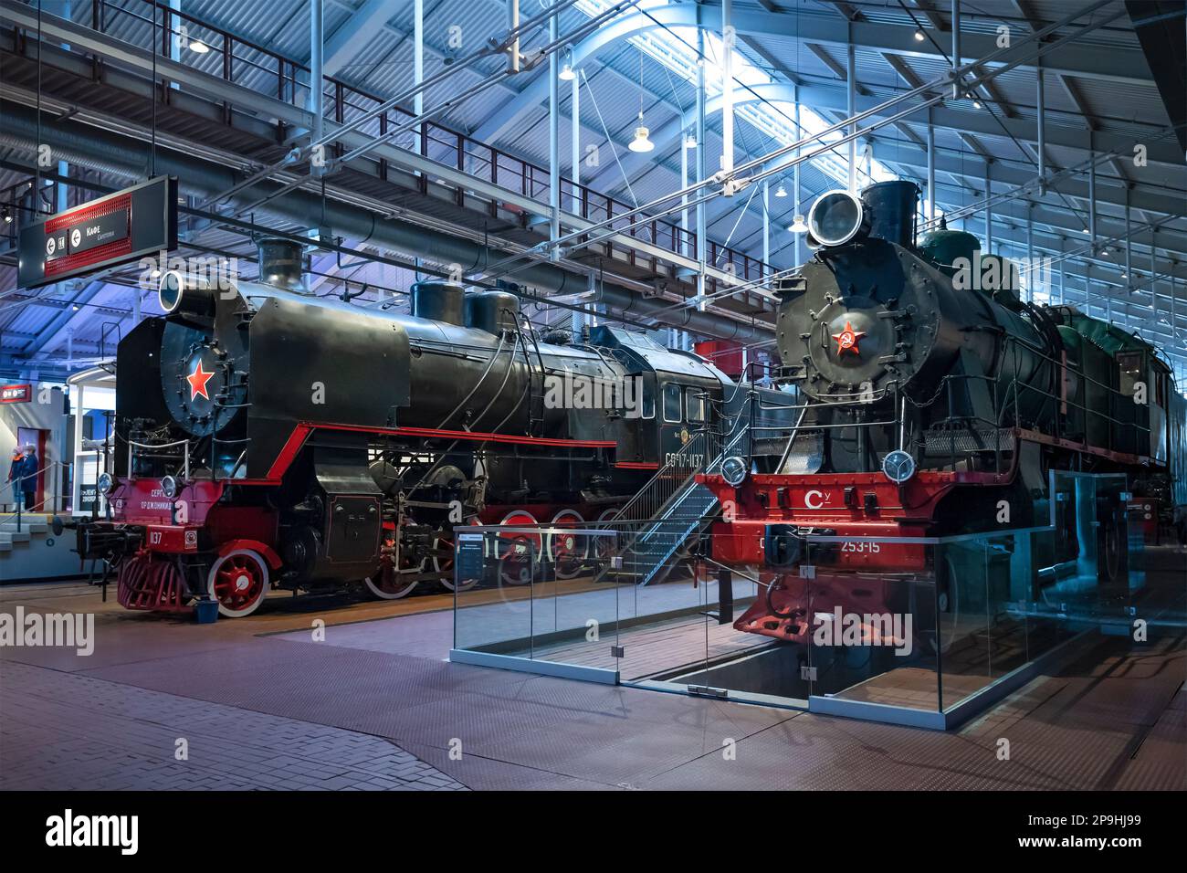 SAINT PETERSBURG, RUSSIA - JANUARY 12, 2022: Two old Russian/Soviet steam locomotives in the Museum of Railways of Russia Stock Photo