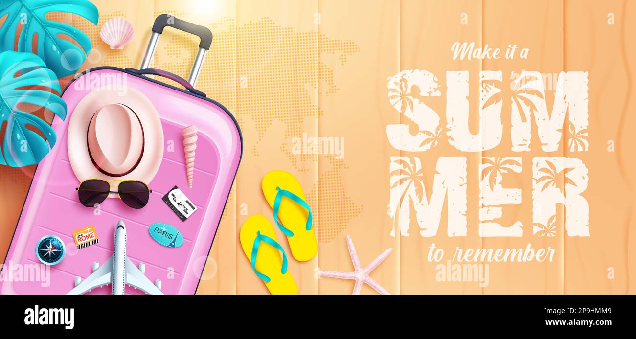 Summer vector design. Summer to remember text with travel luggage element for holiday vacation. Vector illustration summer background. Stock Vector