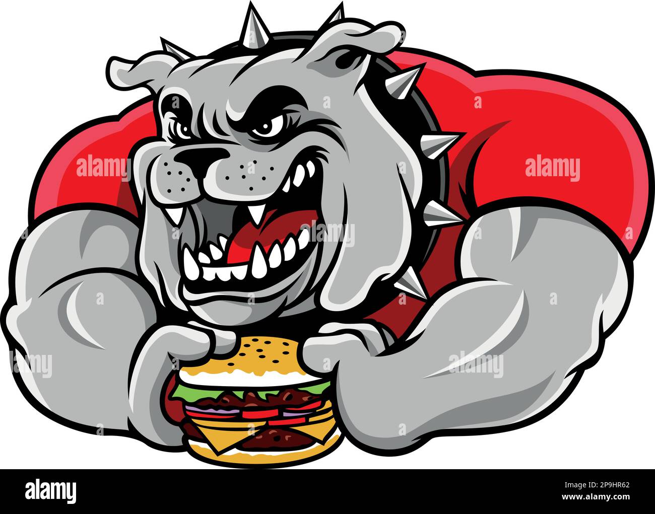 An Aggressive Bulldog Holding a Big Hamburger Stock Vector