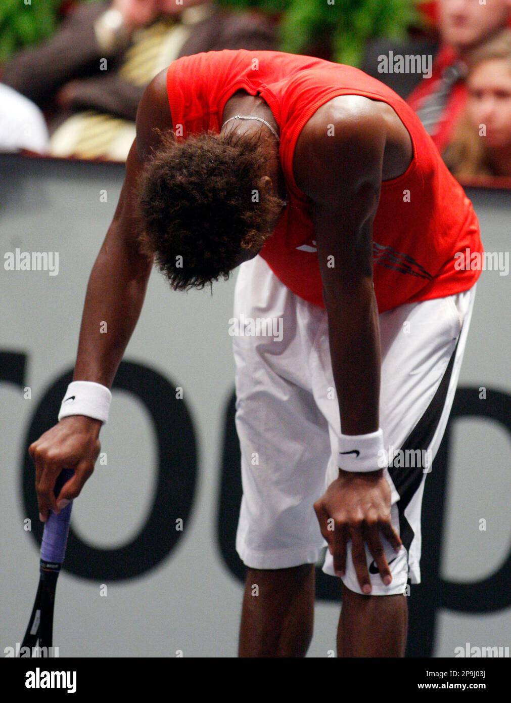Gael Monfils from France reacts during the final match at the BA tennis trophy in Vienna, on Sunday, Oct. 12, 2008