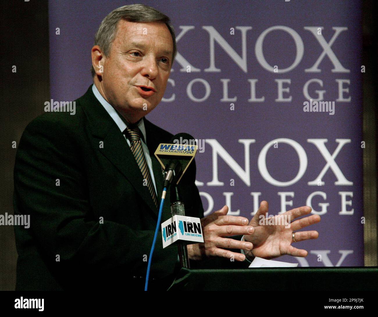 Sen. Dick Durbin, D-Ill., answers a question during a live radio debate with Republican challenger Steve Sauerberg , Thursday night, Oct. 9, 2008 in Kresge Hall in the Ford Center for the Fine Arts at Knox College in Galesburg, Ill. (AP Photo/The Register-Mail, Bill Gaither) Stock Photo