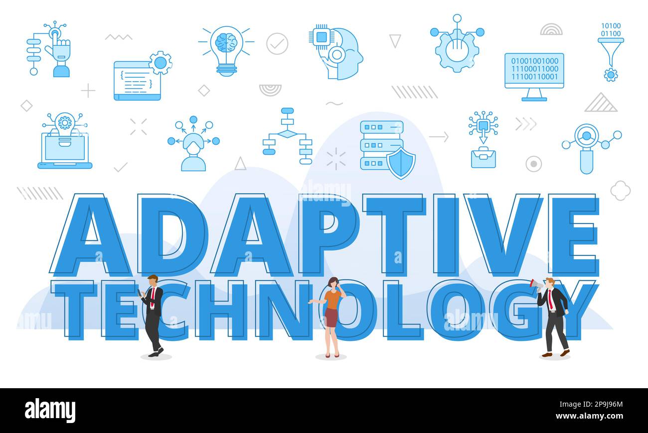 adaptive technology concept with big words and people surrounded by related icon with blue color style vector Stock Photo