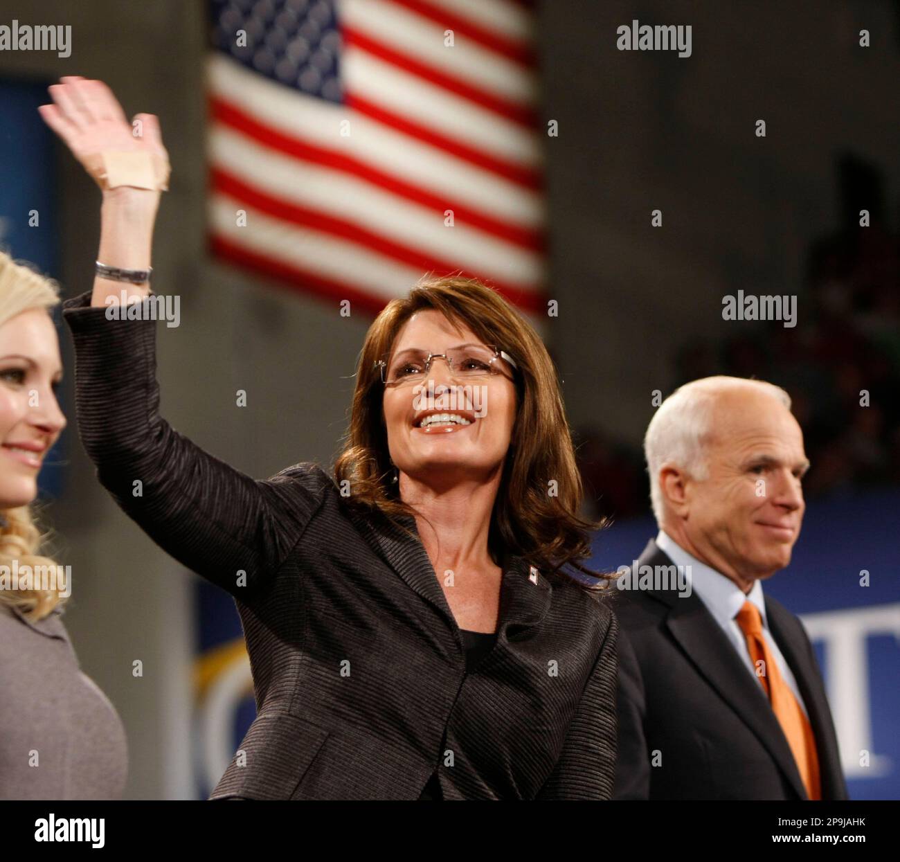 Republican presidential candidate, Sen. John McCain, R-Ariz., and vice  presidential running mate, Alaska Gov. Sarah Palin participate in a rally  in Bethlehem, Pa., Wednesday, Oct. 8, 2008. (AP Photo/Gerald Herbert Stock  Photo -
