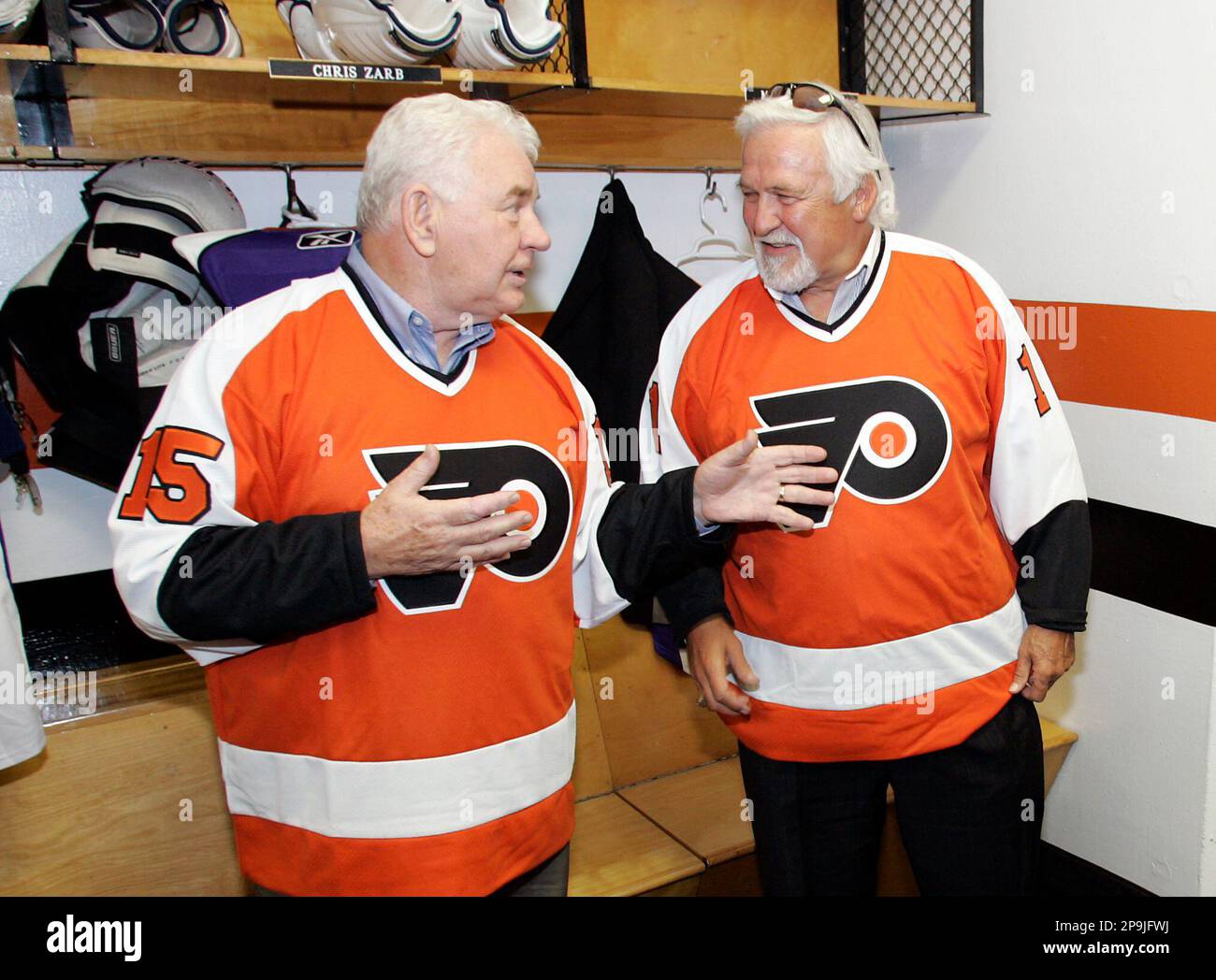 Philadelphia Flyers veteran hockey players Terry Crisp, left, and
