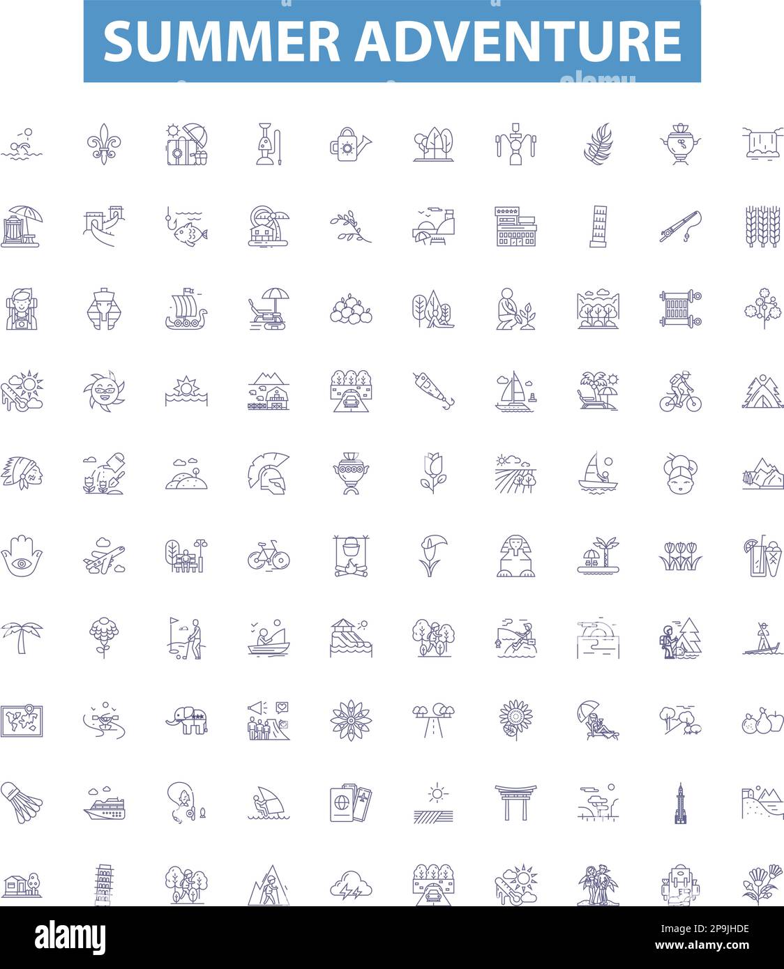 Summer adventure line icons, signs set. Vacation, Trekking, Camping