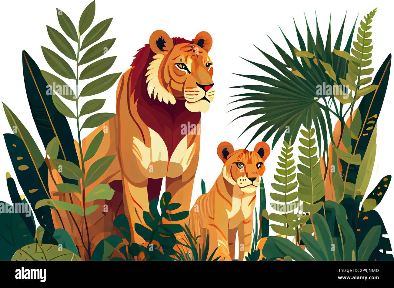 vector illustration of lion and his baby and her cub in the jungle ...