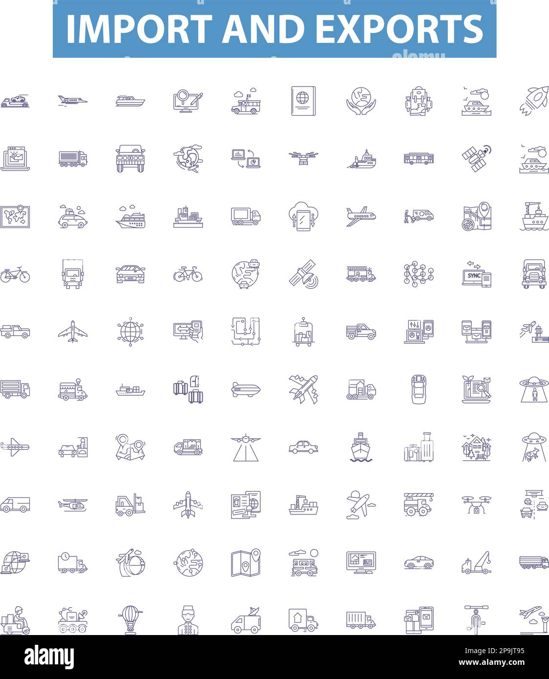 Import and exports line icons, signs set. import, export, trade, global, market, logistics, transportation, shipping, customs outline vector Stock Vector