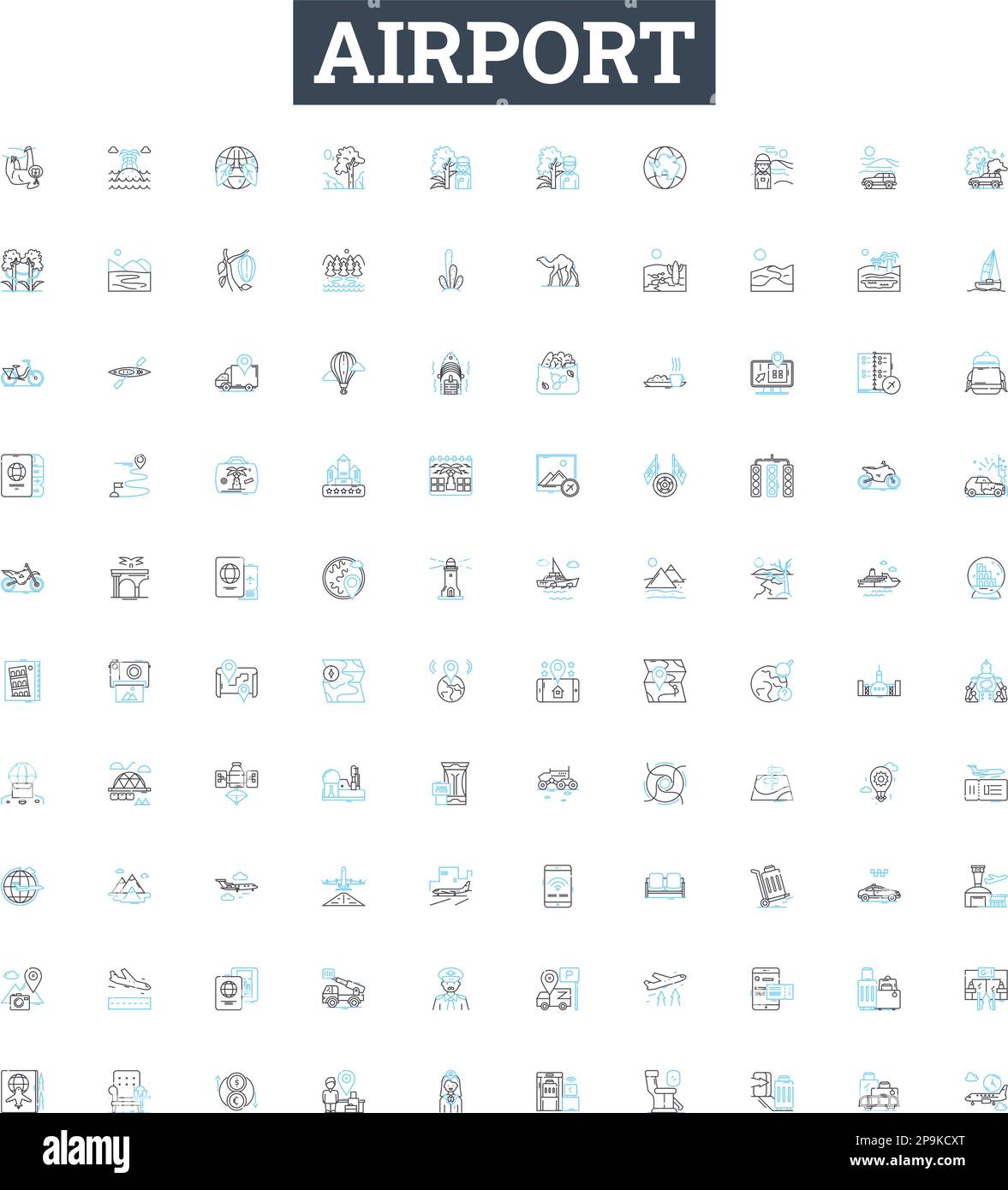 Airport vector line icons set. Airport, Terminal, Check-in, Terminal-, TSA, Runway, Arrival illustration outline concept symbols and signs Stock Vector