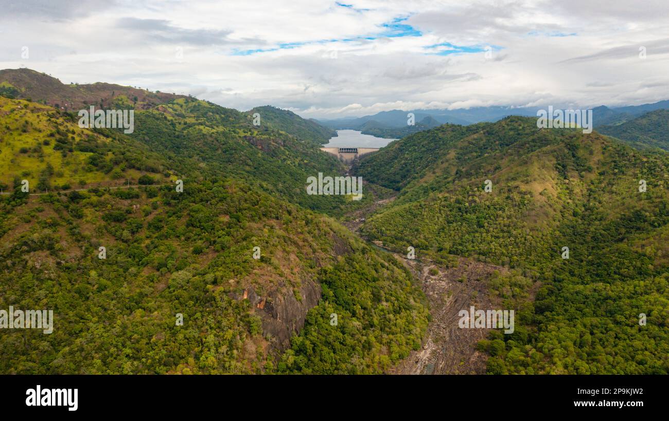 Aerial view of Hydroelectric dam in Sri Lanka located in a mountainous