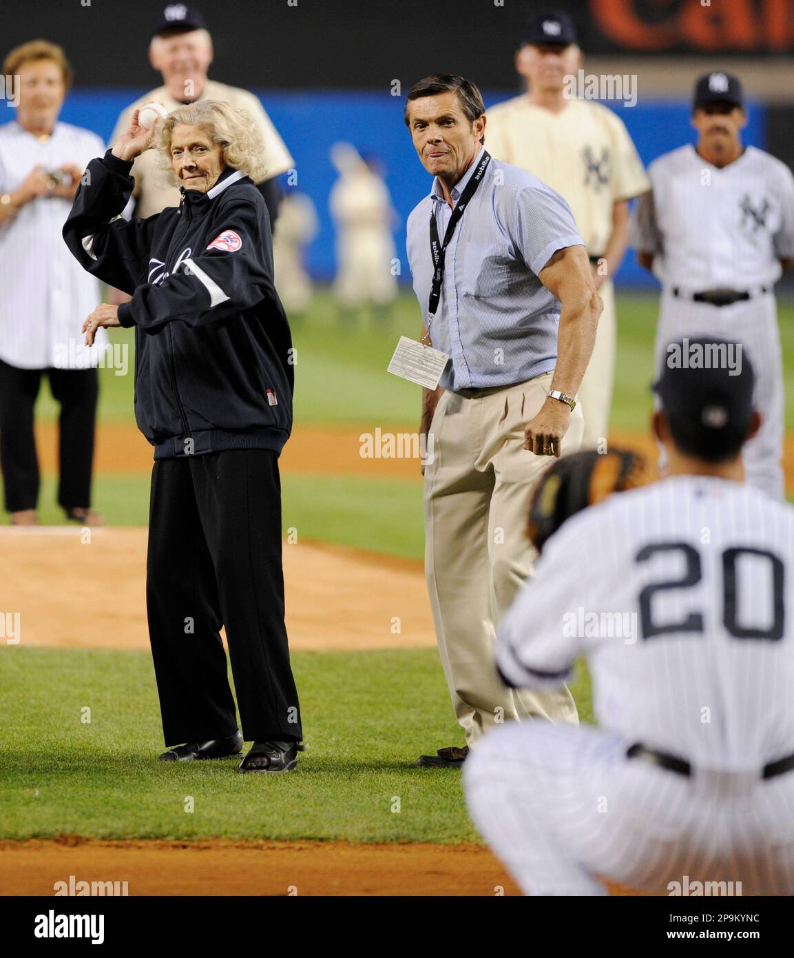 Tom Stevens, grandson of Babe Ruth, throws out the ceremonial