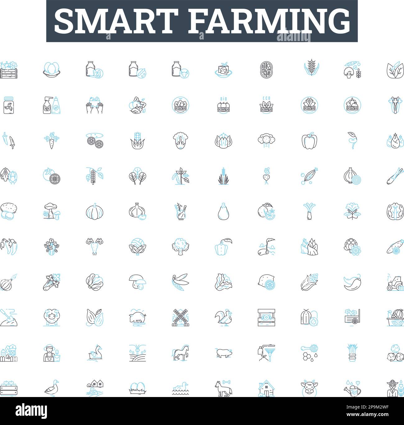 Smart farming vector line icons set. Precision, Agriculture, Technology, Automation, IoT, Remote, Monitoring illustration outline concept symbols and Stock Vector