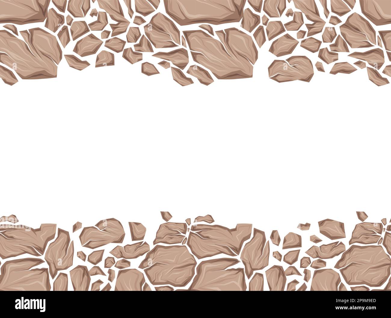 Vector horizontal vector card with border of dry clay and copy space. Broken earth stones. Frame with silhouette of smashed rocks with cracks Stock Vector