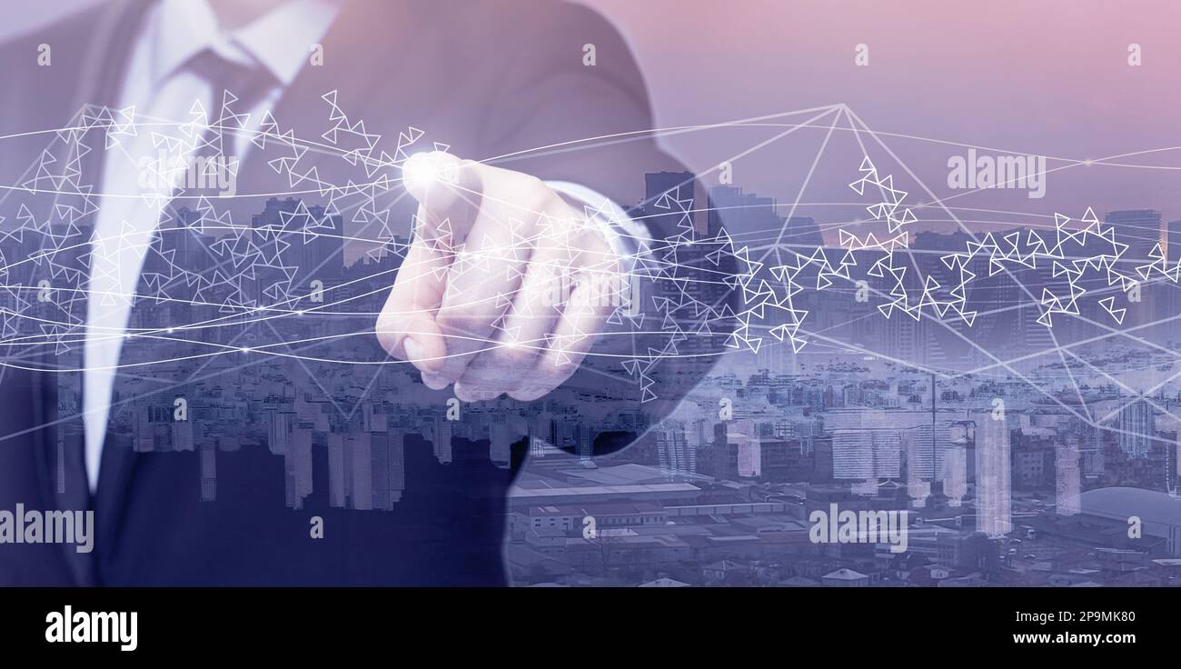 Businessman hand pointing on icon. Communication, technology, IoT ...