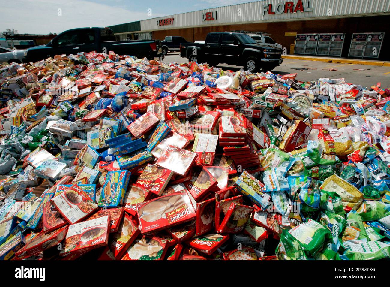 A large mound of frozen and cold food items are seen on the parking lot