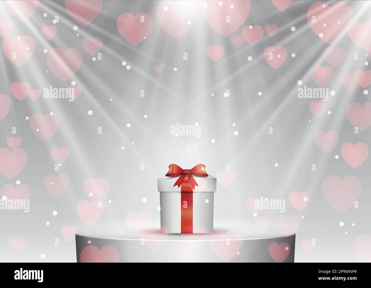 Valentines Day background with gift on a podium under spotlights Stock Vector