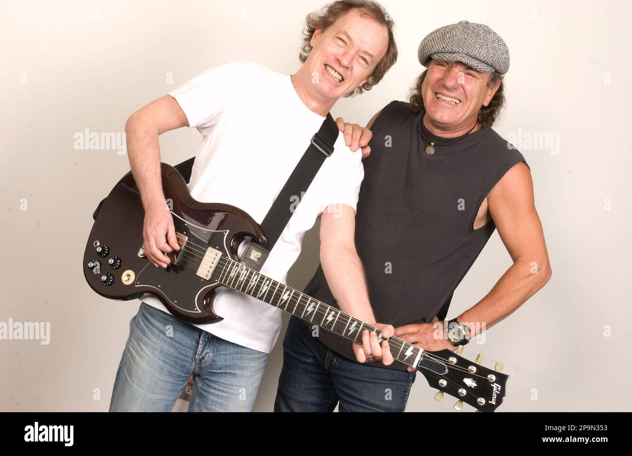 Angus Young, left, and Brian Johnson of AC/DC photographed in New York ...