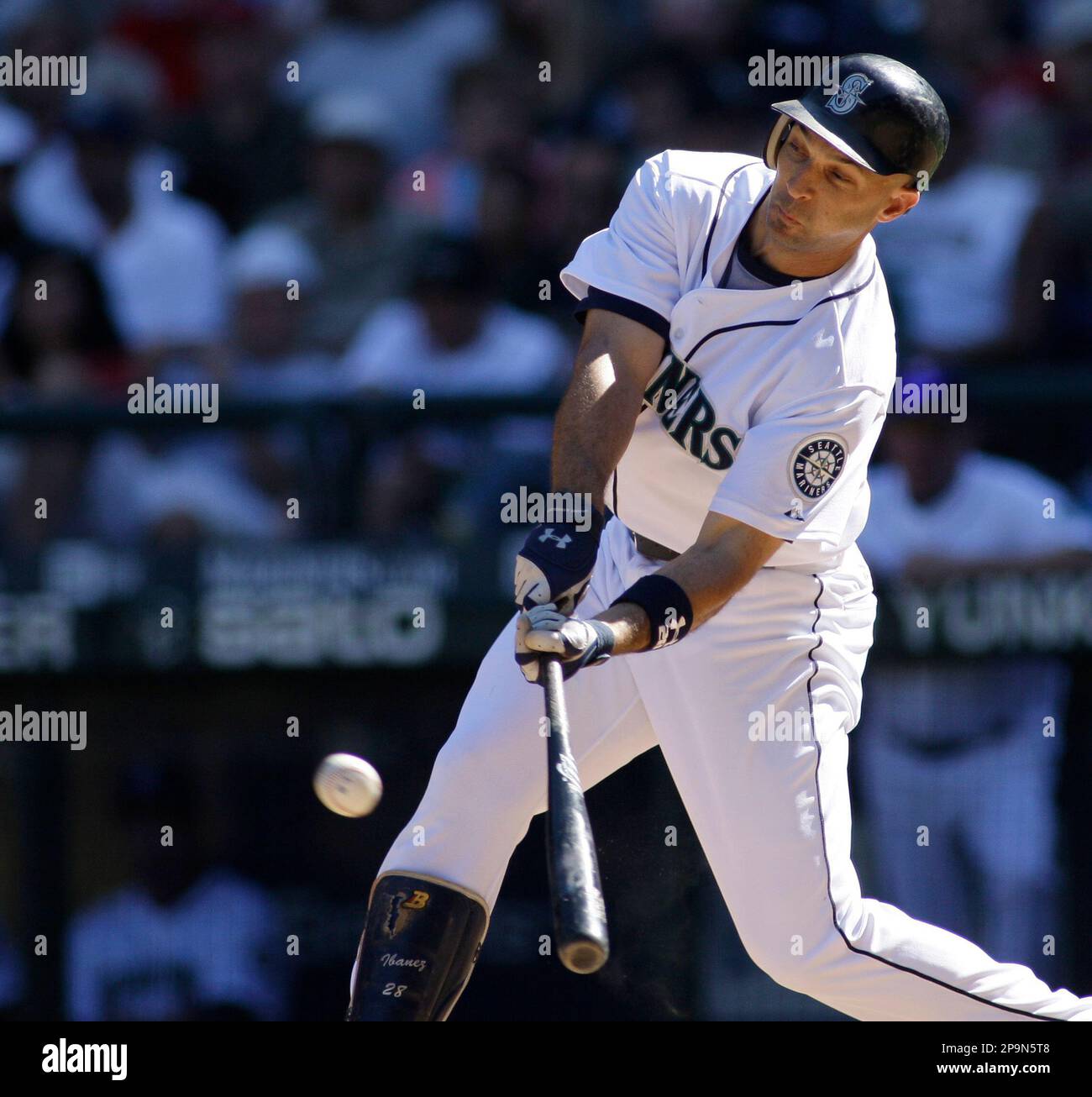 Seattle Mariners' Raul Ibanez hits an RBI double in the third inning of an MLB  baseball game against the Texas Rangers, Wednesday, Sept. 10, 2008, at  Safeco Field in Seattle. (AP Photo/Ted