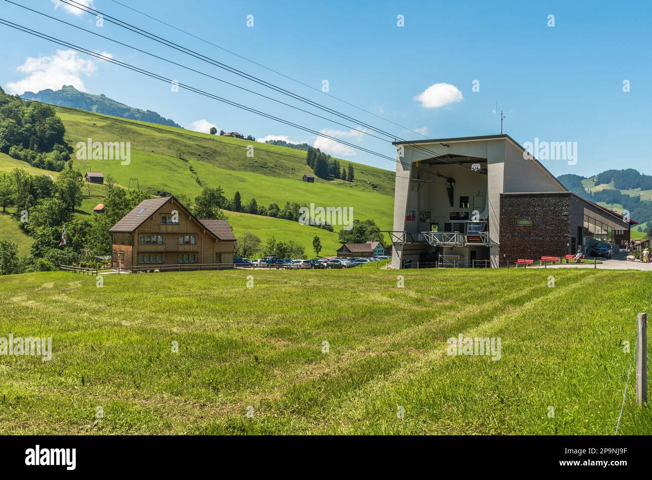 Valley station of the Hoher Kasten cable car, Bruelisau, Appenzell Innerrhoden, Switzerland Stock Photo