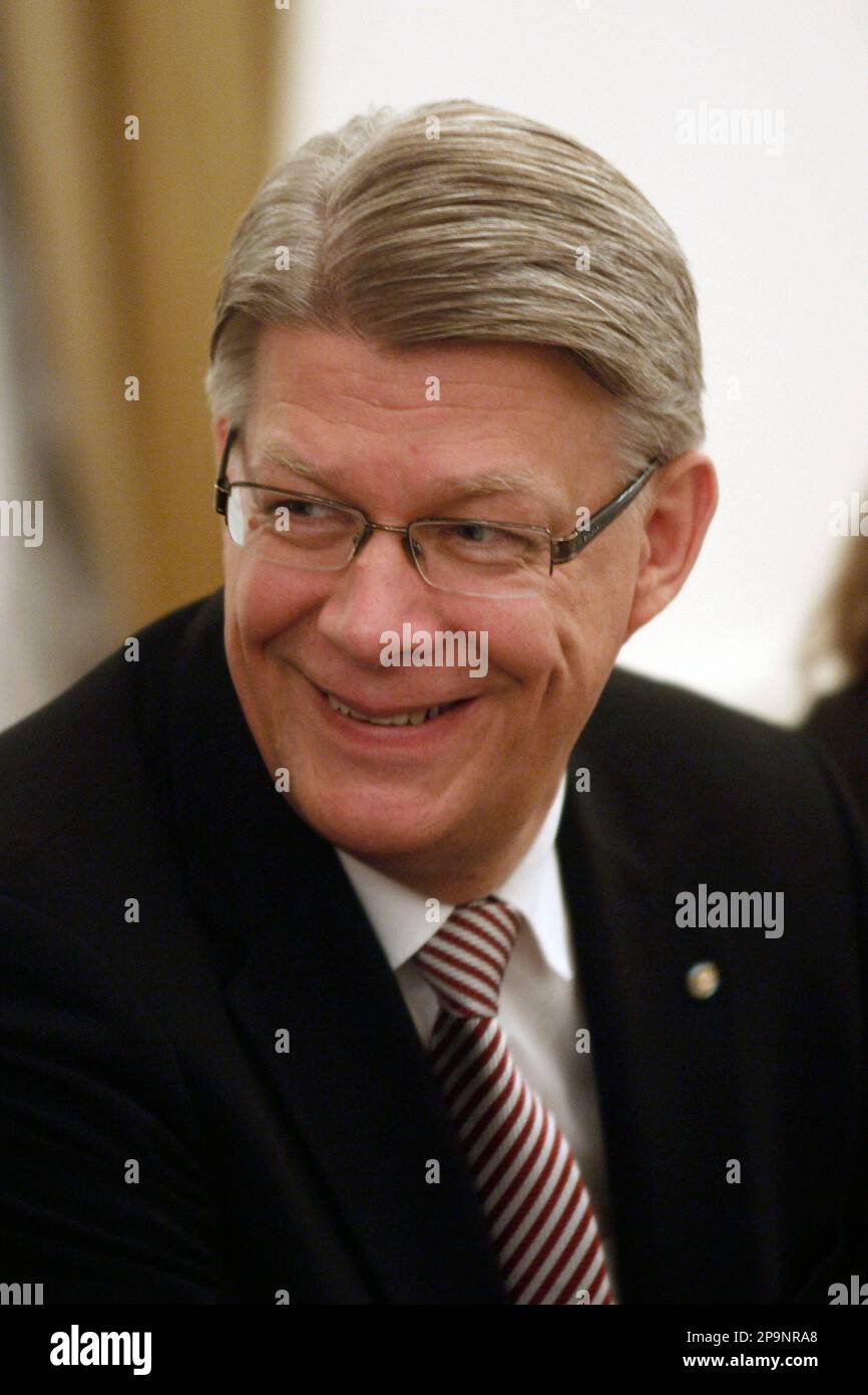 Latvian President Valdis Zatlers smiles during the meeting with Croatian Prime Minister Ivo Sanader, not seen, in Zagreb, Croatia, Friday , Sep.54, 2008. Zatlers is on official three days visit to Croatia. (AP Photo/Filip Horvat) Stock Photo
