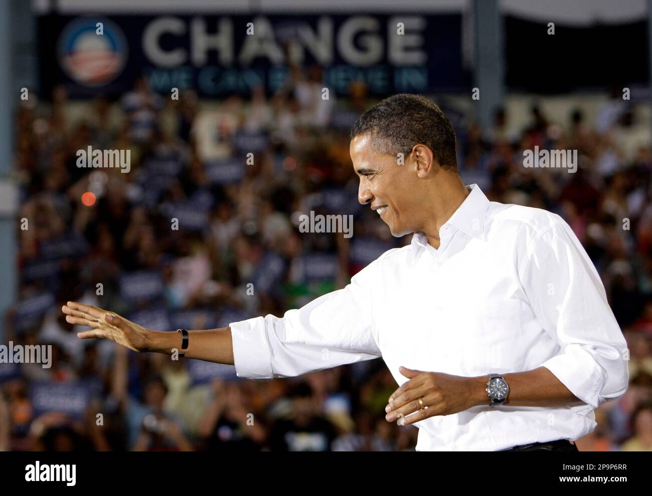 Obama Rally Stadium Democratic presidential candidate, Sen. Barack Obama, D-Ill., waves to ...