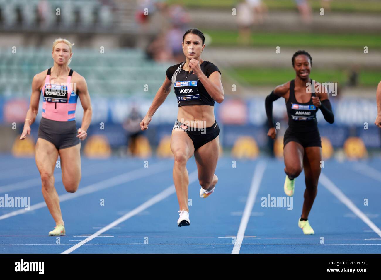 Zoe Hobbs of New Zealand wins the Women 100 metres during the 2023 Sydney Track Classic
