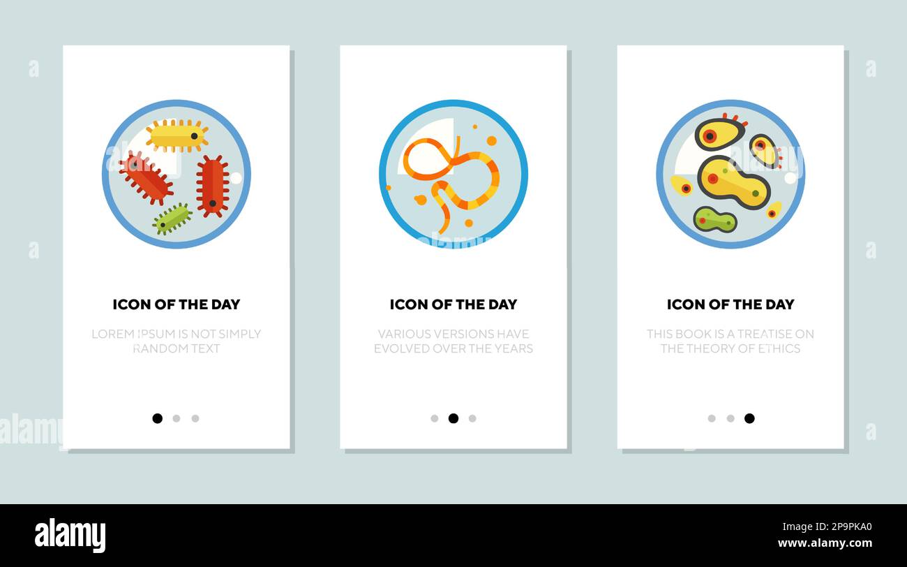 Microbes, viruses and microorganisms flat vector icon set Stock Vector