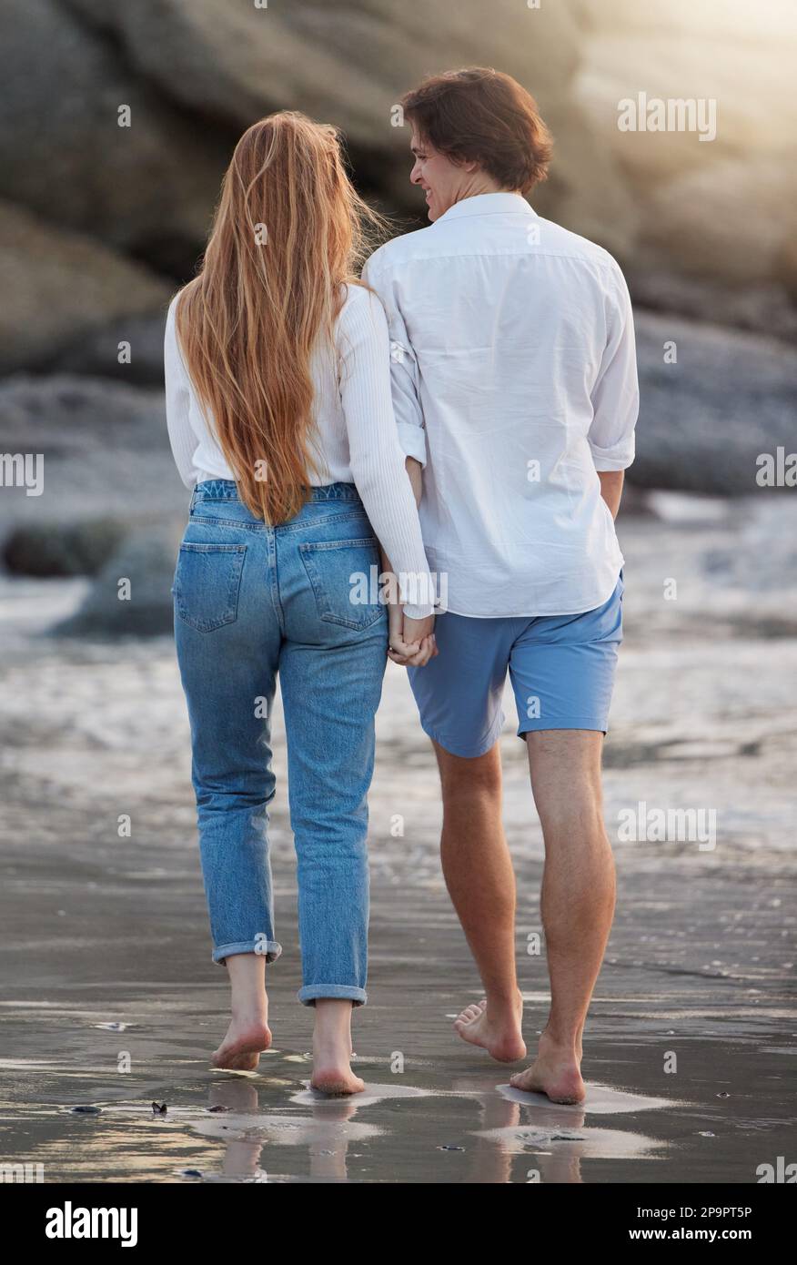 Couple walking on beach, holding hands and travel with love and ...