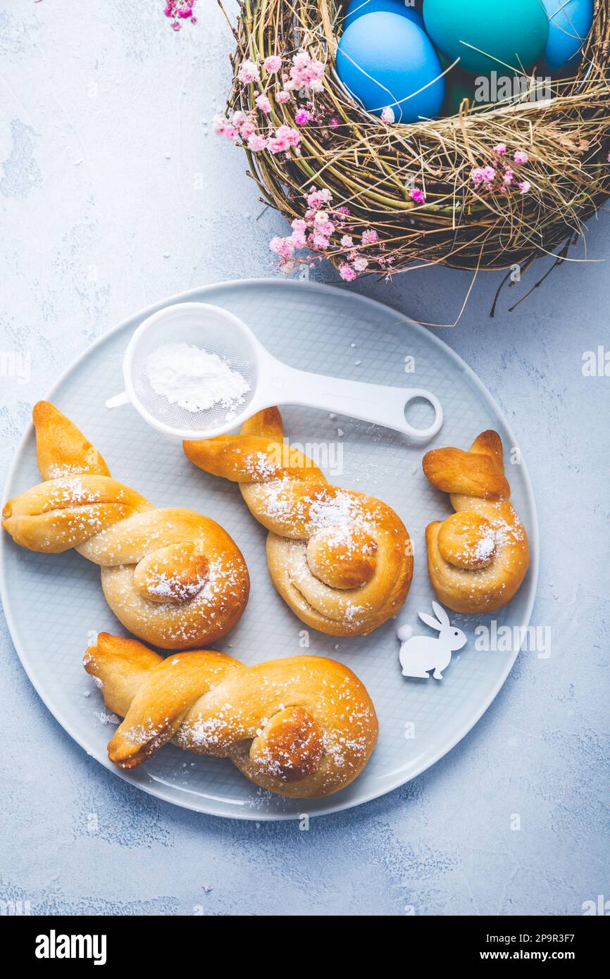 Easter baking Buns made from yeast dough in a shape of Easter bunny