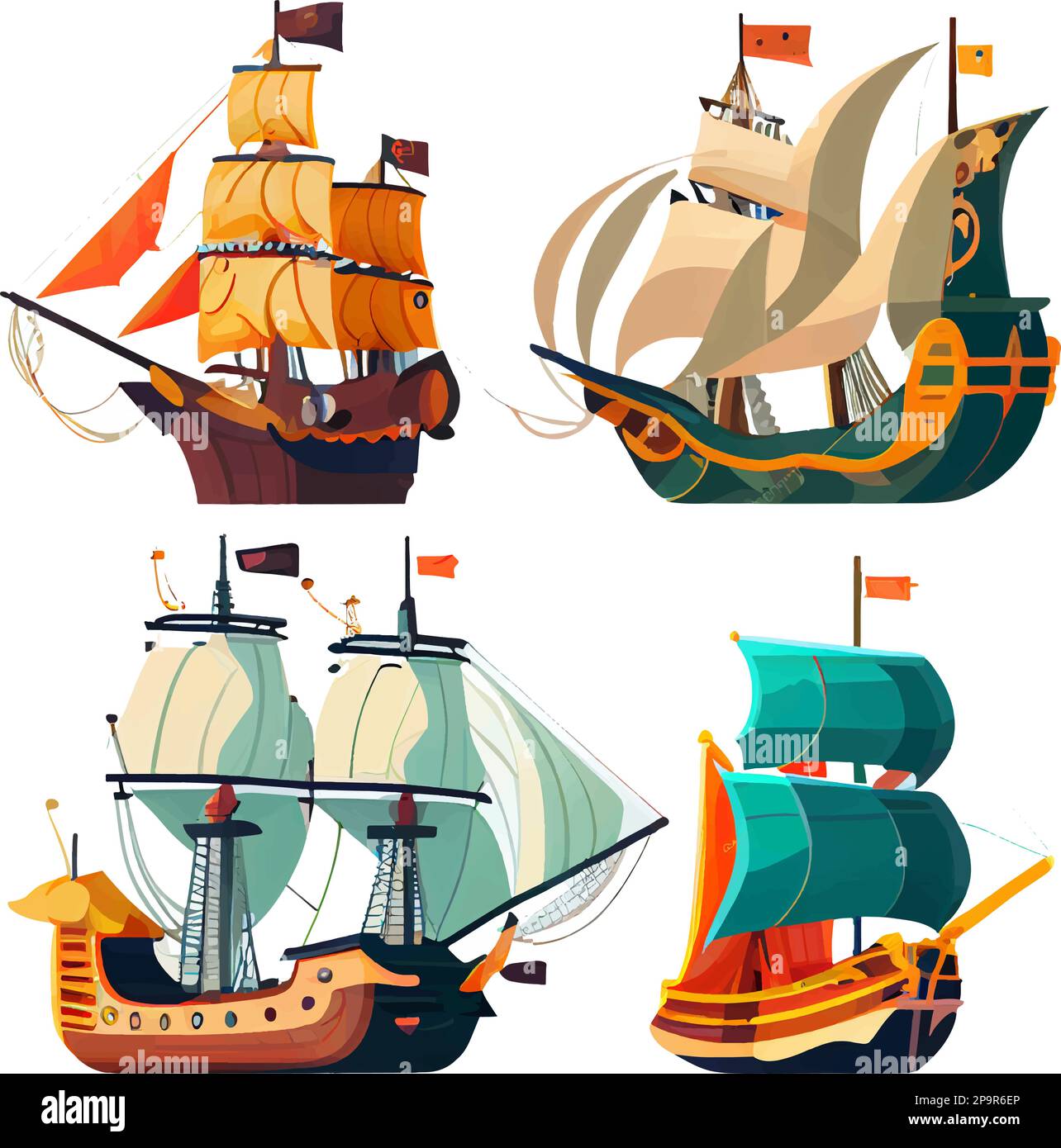 vector set illustration in cartoon style of vintage sailing ships Stock Vector