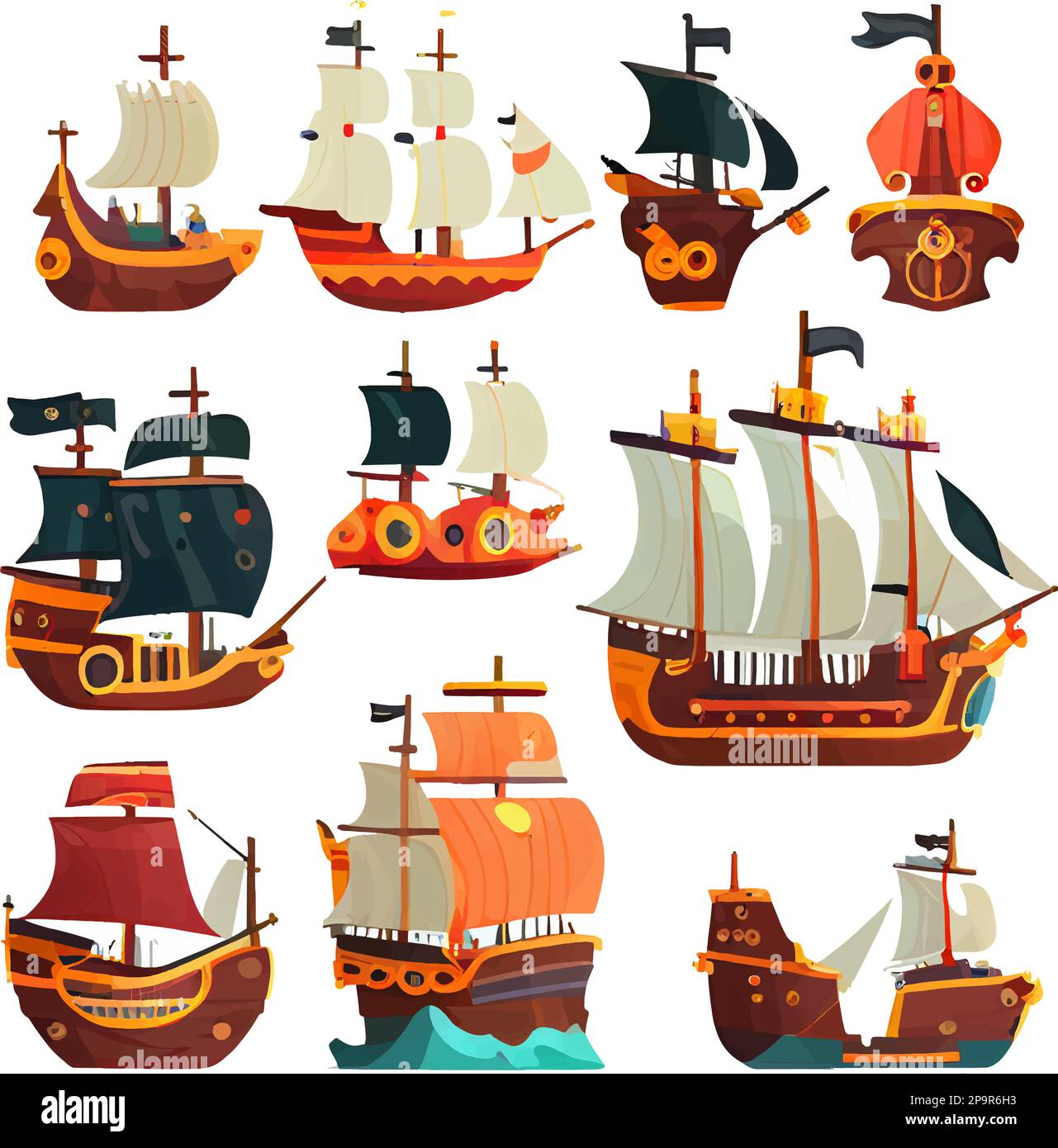 vector set illustration in cartoon style of vintage sailing ships Stock Vector