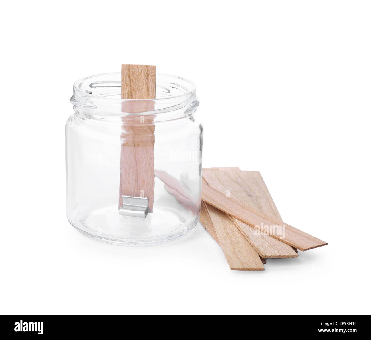 Glass jar and wooden wicks on white background. Making homemade candle ...