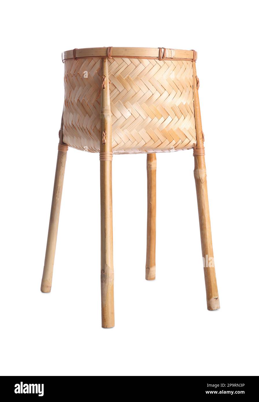 Empty wicker plant stand isolated on white. Interior accessory Stock Photo