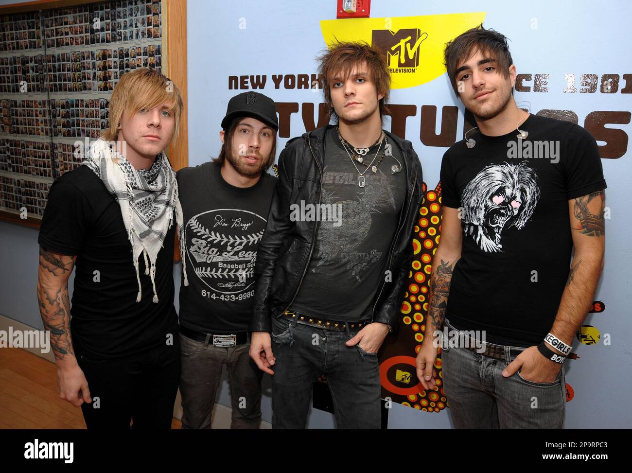 From left, John Keefe, Martin Johnson, Bryan Donahue, and Paul DiGiovanni  of the music group Boys Like Girls pose Backstage at MTV Studio's in Times  Square for MTV's \, image size:1300x973