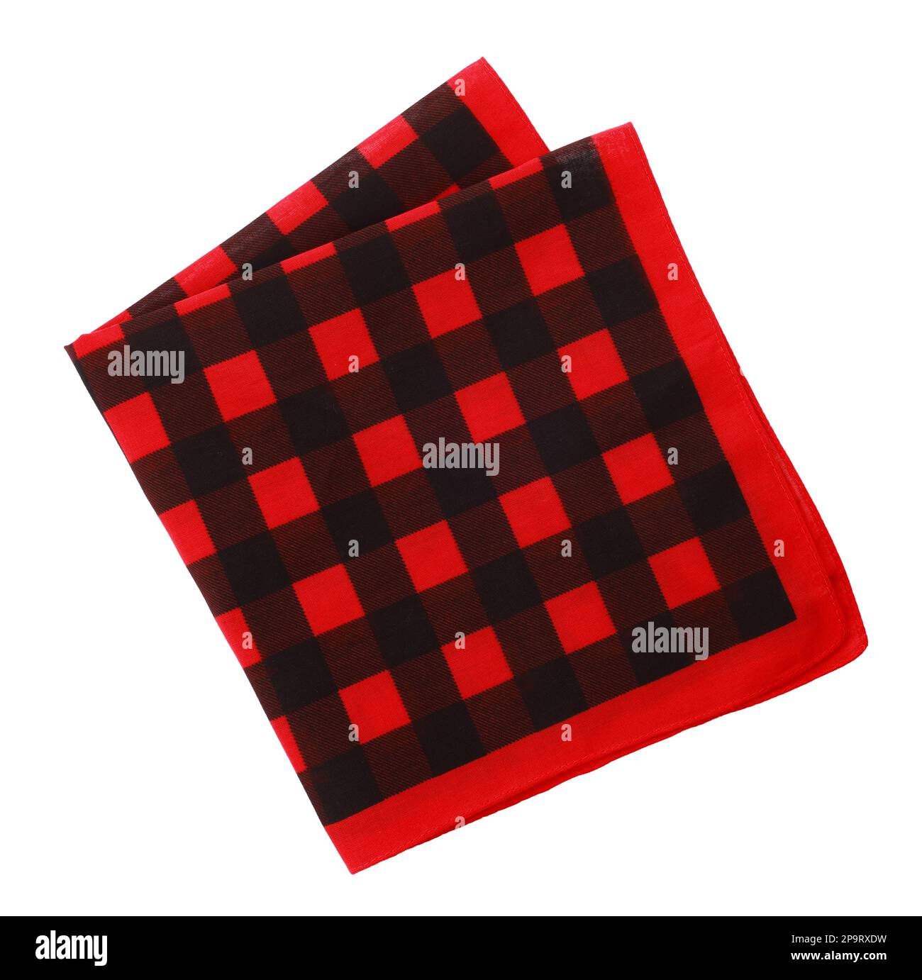 Folded red bandana with check pattern isolated on white, top view Stock Photo