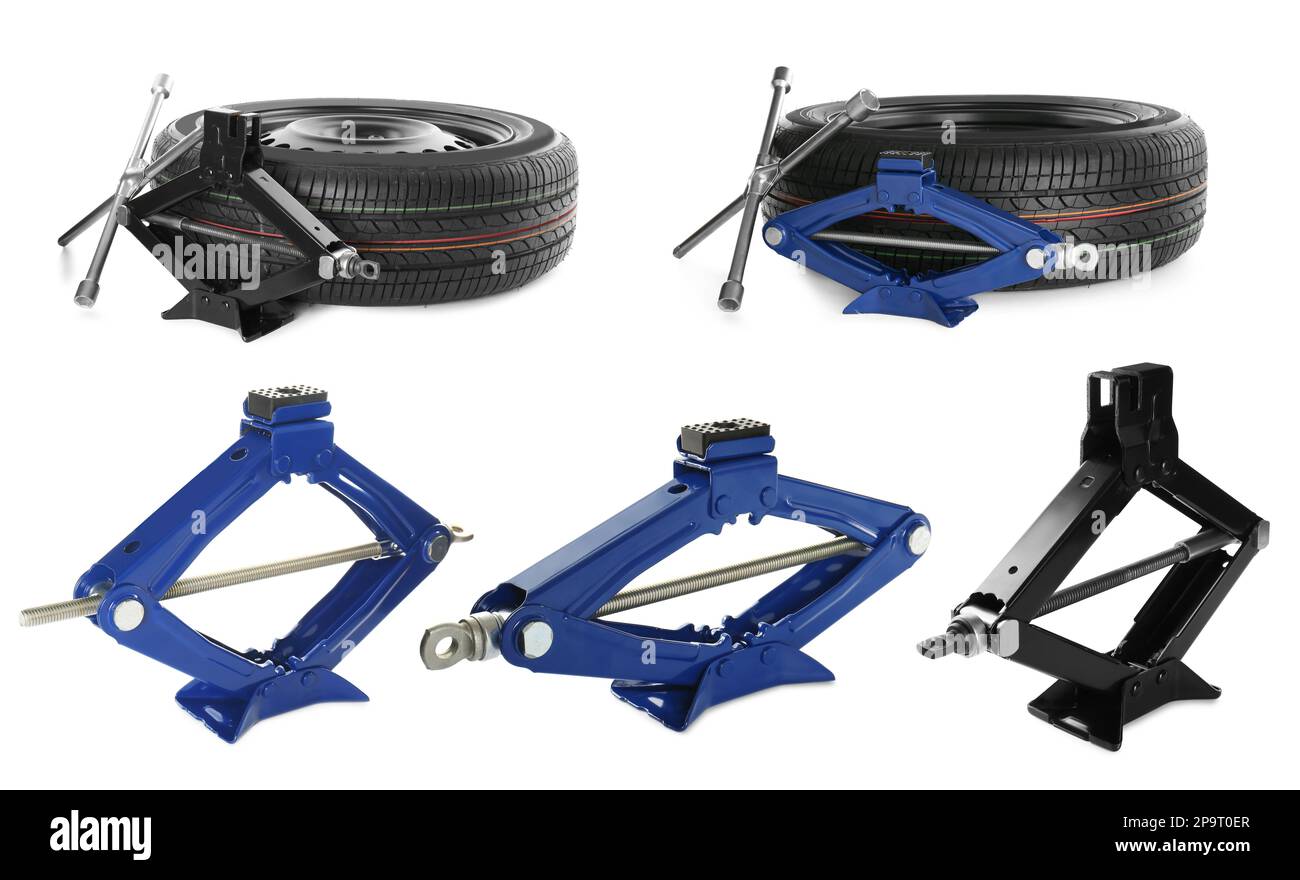 Set with scissor jacks, cross torque wrenches and wheels on white