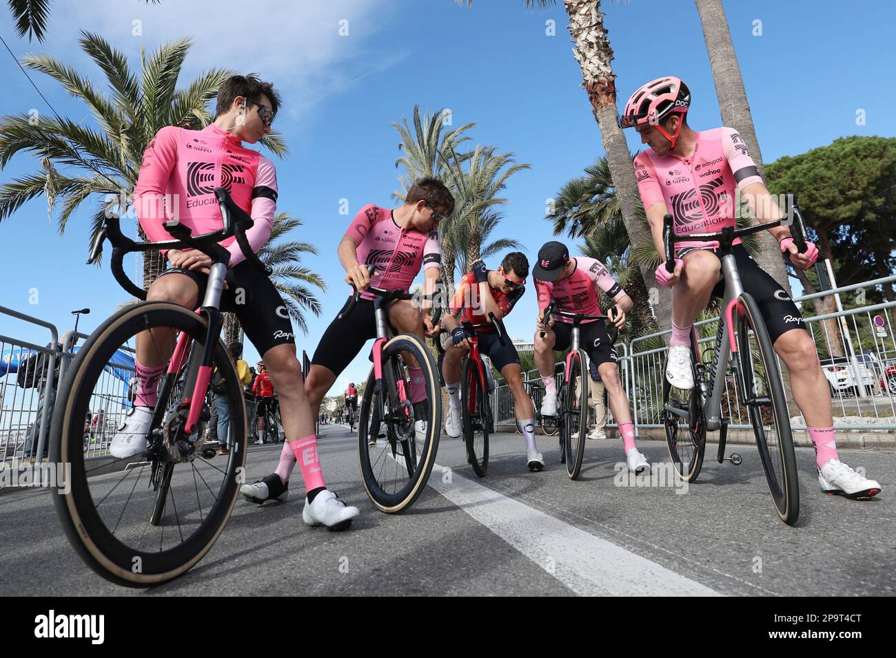EF Education-EasyPost riders pictured at the start of stage 7 of the 81st edition of the Paris-Nice eight days cycling race, 142,9km from Nice to Col de la Couillole, France, Saturday 11 March 2023. BELGA PHOTO DAVID PINTENS Stock Photo