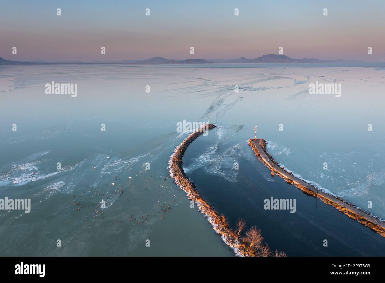 Winter landscape from above at Balatonmariafurdo Stock Photo