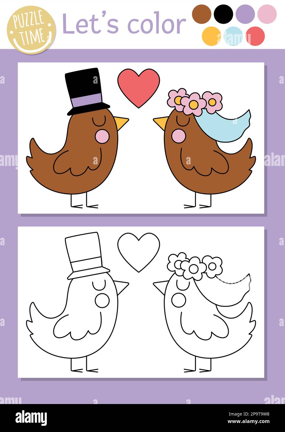 Wedding coloring page for children with cute just married bird couple. Vector marriage ceremony color book for kids with animal bride, groom and color Stock Vector